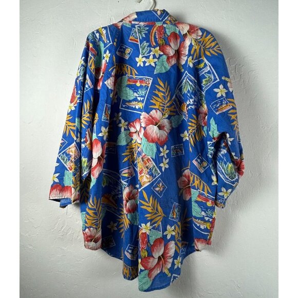 Vintage RO-VEL of California Womens 44 Blue Floral Hawaiian Oversized Tunic Boho - Picture 2 of 7